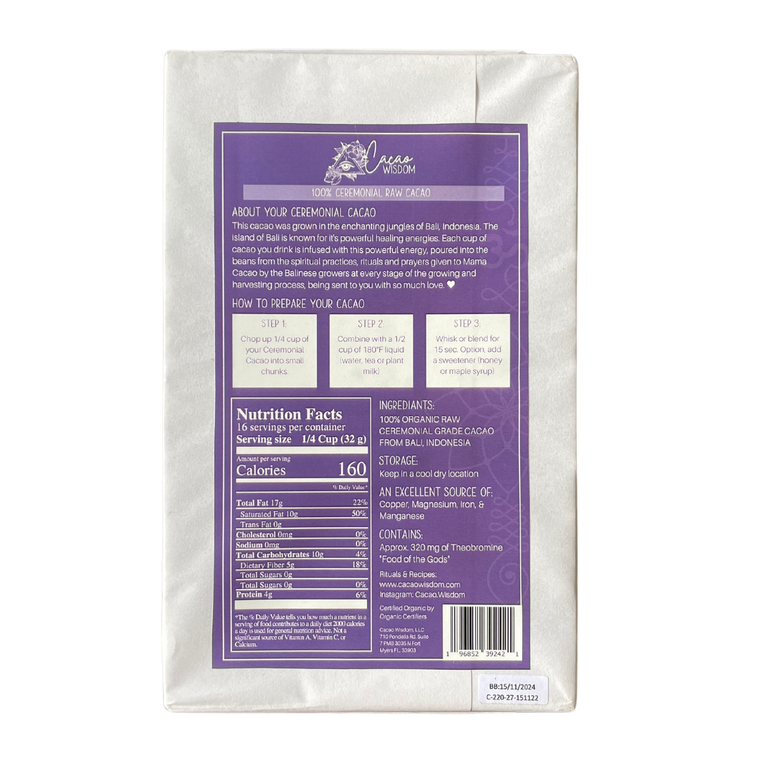 Bali Raw Ceremonial Grade Cacao - 500 g (1.1 lbs)